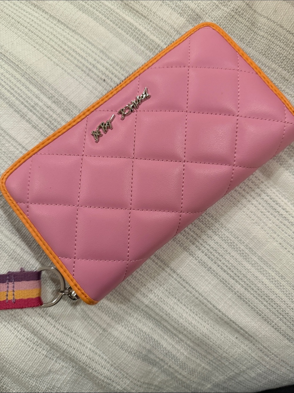 Betsey Johnson Pink Quilted Wristlet with Orange Trim